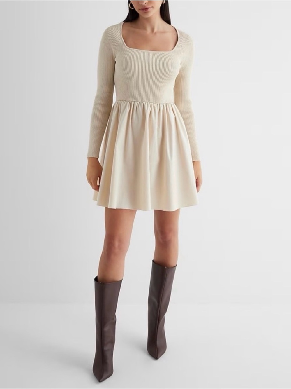 Express Square-Neck Long-Sleeve Mini Dress in Cream size S